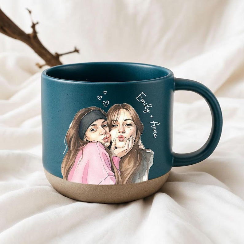 Personalized Couple Photo Pottery Mug, Custom Watercolor Portrait Mug, Boyfriend Girlfriend Gift, Gift for him