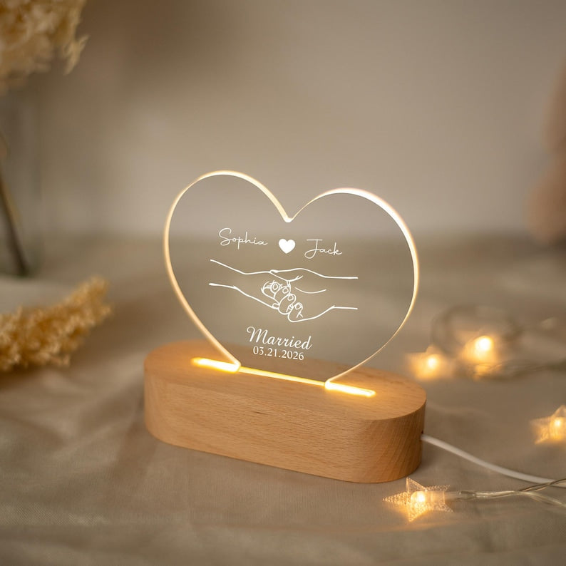 Personalized Heart Acrylic Lamp | Custom Couple Name Night Light with Date | Engraved Anniversary Gift | Romantic Bedroom Decor