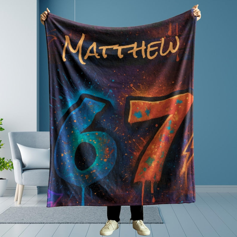 Personalized Graffiti Blanket for Boys | Custom Name Street Art Throw | Trendy 67 Blanket | Cool Boy Bedroom Decor | Teen Gift | Kid Blanket