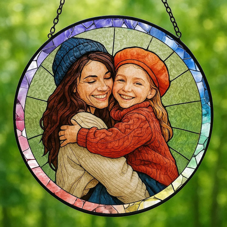 Custom Stained Glass Family Portrait Suncatcher Personalized Photo Window Hanging Gift for Mom Dad Grandma Couple Kids Sun Catcher Keepsake