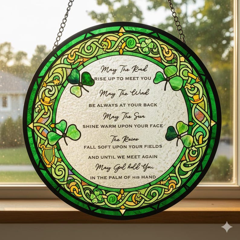 Irish Blessing Stained Glass Suncatcher: Shamrock Prayer Window Decor, Shamrock Stained Glass Suncatcher, St patrick Day Suncatcher