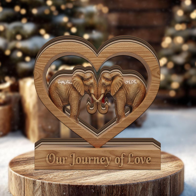 Personalized Wooden Elephant Couple Heart, Anniversary Gift