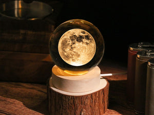 3D Inner Carving Lamp - Crystal Ball Solar System LED Light with Wooden Base, Customized Galaxy Globe, Astronomy Gift for Space Lovers