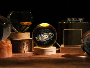 3D Inner Carving Lamp - Crystal Ball Solar System LED Light with Wooden Base, Customized Galaxy Globe, Astronomy Gift for Space Lovers