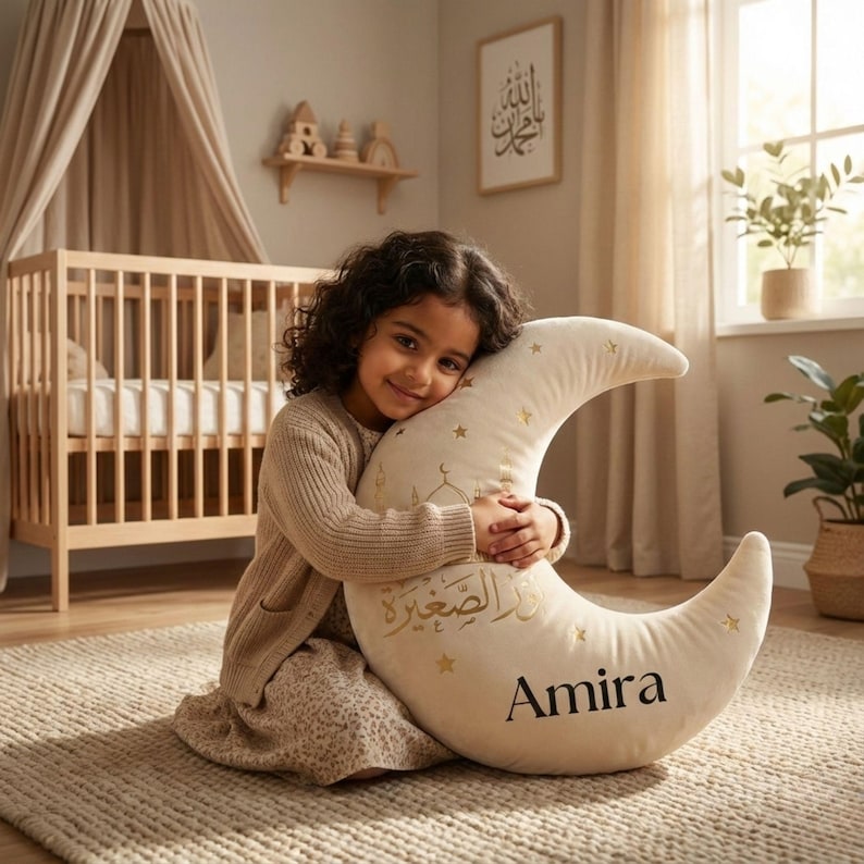 Personalized Moon Pillow Custom Name Islamic Nursery Decor Crescent Moon Cushion Ramadan Eid Kids Room Gift