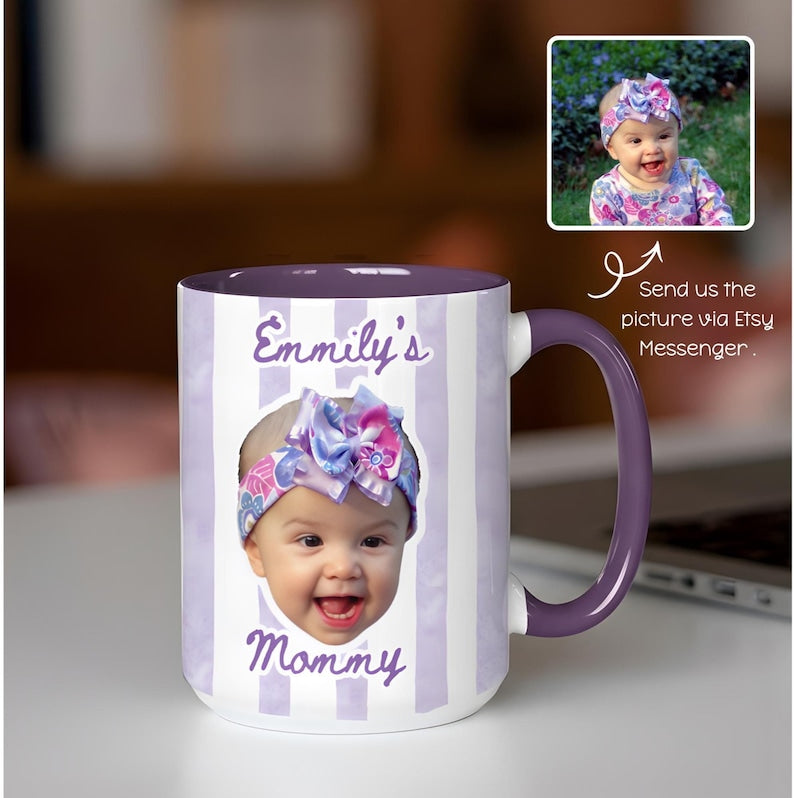 Personalized Baby Face Photo Mug: Stripe Baby Picture Cup, New Grandparents Mug Keepsake, New Mom Dad Coffee Gift