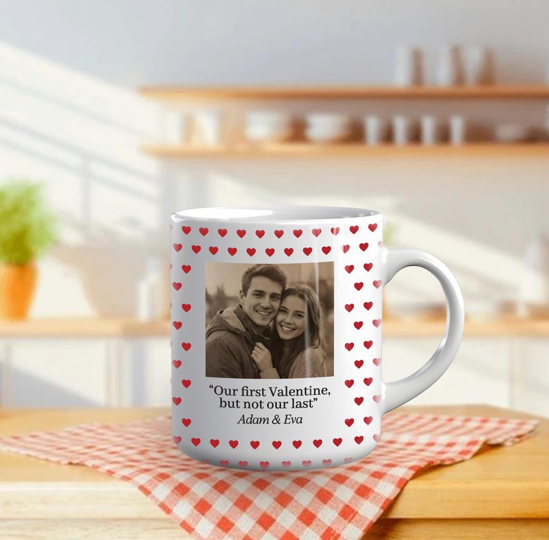 Heart Border Photo Mug, Personalized Valentine Mug with Picture and Names, Cute First Valentine Coffee Mug Gift for Couples