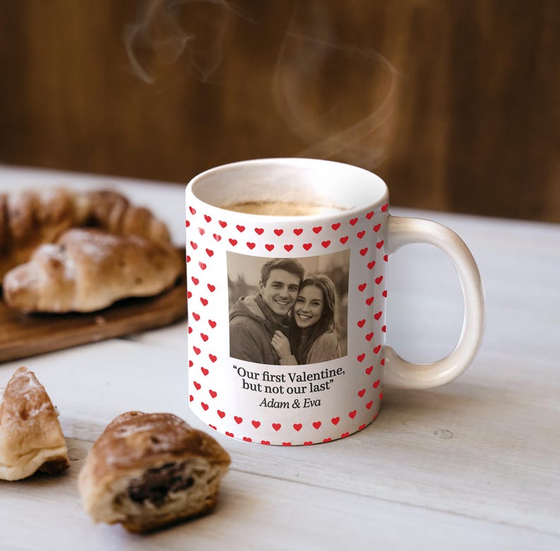 Heart Border Photo Mug, Personalized Valentine Mug with Picture and Names, Cute First Valentine Coffee Mug Gift for Couples