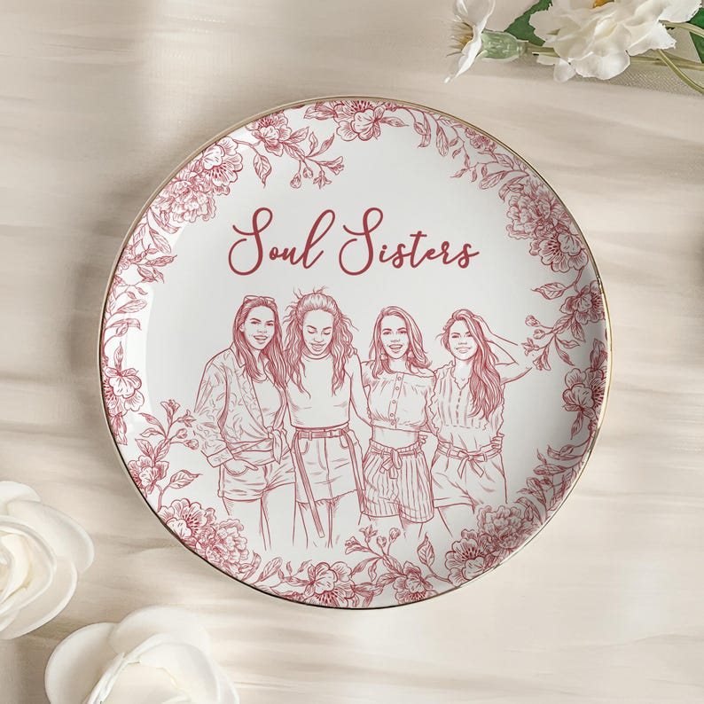 Custom Best Friend Photo Jewelry Dish, Besties Picture Trinket Tray Toile De Jouy Style, Gift For Soul Sister Gift, Ring Holder Gift For Her