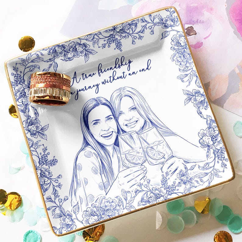 Custom Best Friend Photo Jewelry Dish, Besties Picture Trinket Tray Toile De Jouy Style, Gift For Soul Sister Gift, Ring Holder Gift For Her