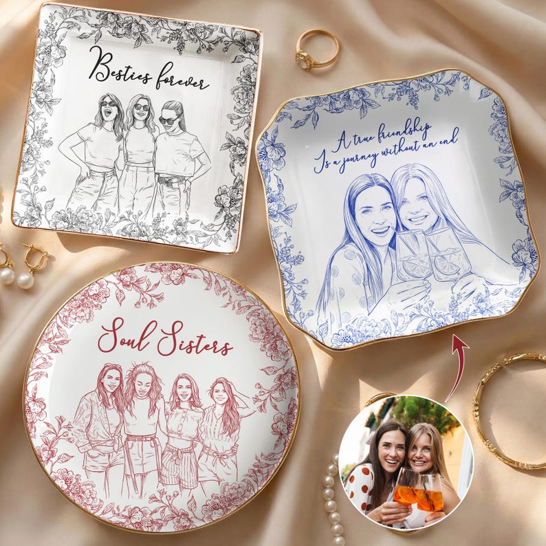 Custom Best Friend Photo Jewelry Dish, Besties Picture Trinket Tray Toile De Jouy Style, Gift For Soul Sister Gift, Ring Holder Gift For Her