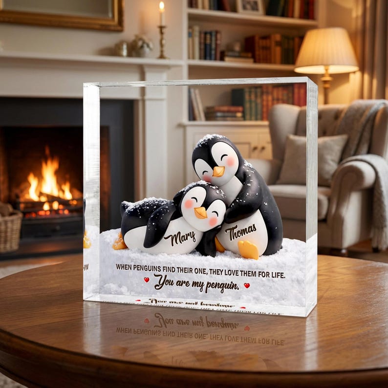 Personalized Penguin Couple Acrylic Blocks, Anniversary Gift, Gifts For Couples, Penguin Lover Gift, Valentine's Day Gift For Her Him