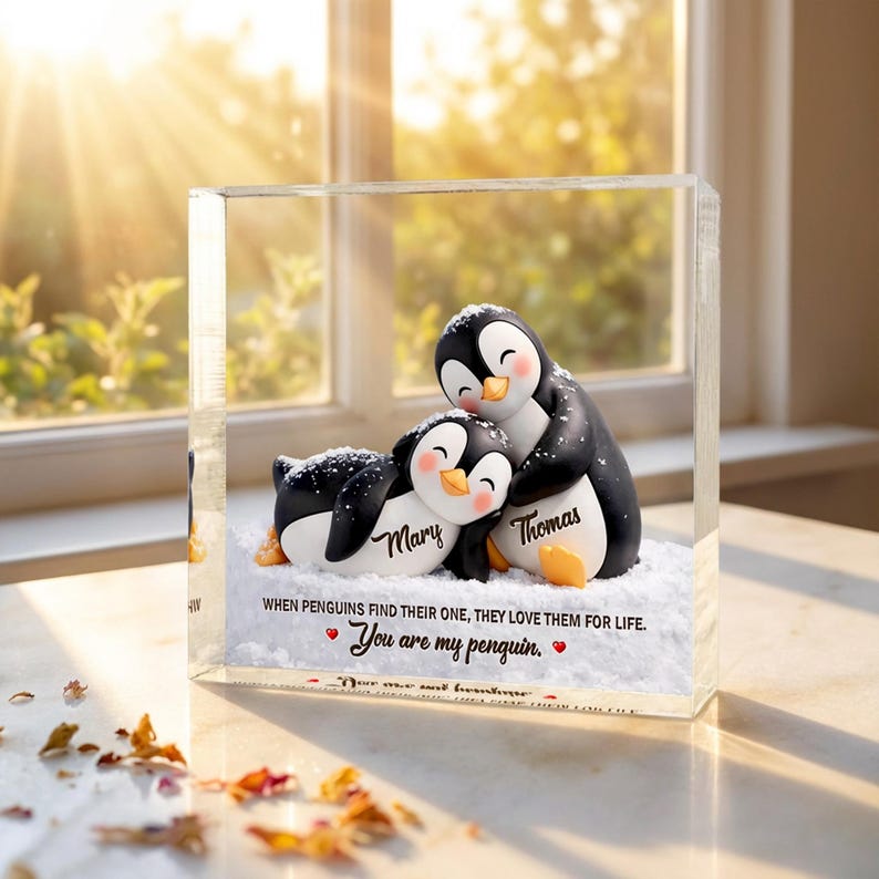 Personalized Penguin Couple Acrylic Blocks, Anniversary Gift, Gifts For Couples, Penguin Lover Gift, Valentine's Day Gift For Her Him