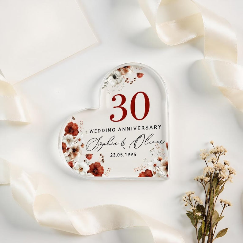 Personalised 30th Wedding Anniversary Gift for Couple, Pearl Anniversary Acrylic Heart Plaque, Custom Names & Date Keepsake, Mum Dad Gift