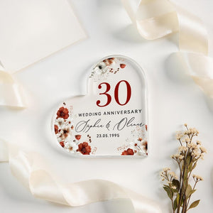 Personalised 30th Wedding Anniversary Gift for Couple, Pearl Anniversary Acrylic Heart Plaque, Custom Names & Date Keepsake, Mum Dad Gift