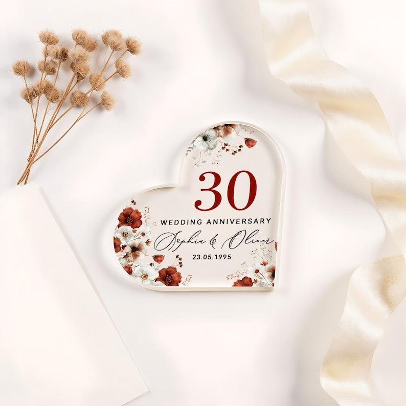 Personalised 30th Wedding Anniversary Gift for Couple, Pearl Anniversary Acrylic Heart Plaque, Custom Names & Date Keepsake, Mum Dad Gift