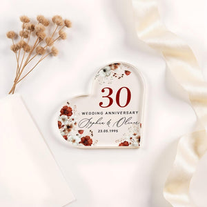 Personalised 30th Wedding Anniversary Gift for Couple, Pearl Anniversary Acrylic Heart Plaque, Custom Names & Date Keepsake, Mum Dad Gift