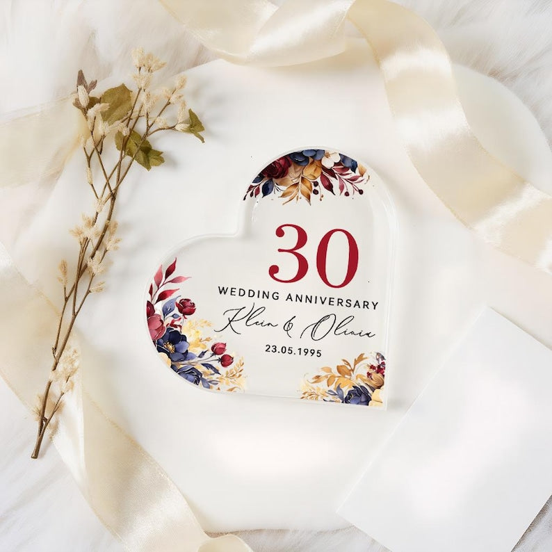 Personalised 30th Wedding Anniversary Gift for Couple, Pearl Anniversary Acrylic Heart Plaque, Custom Names & Date Keepsake, Mum Dad Gift