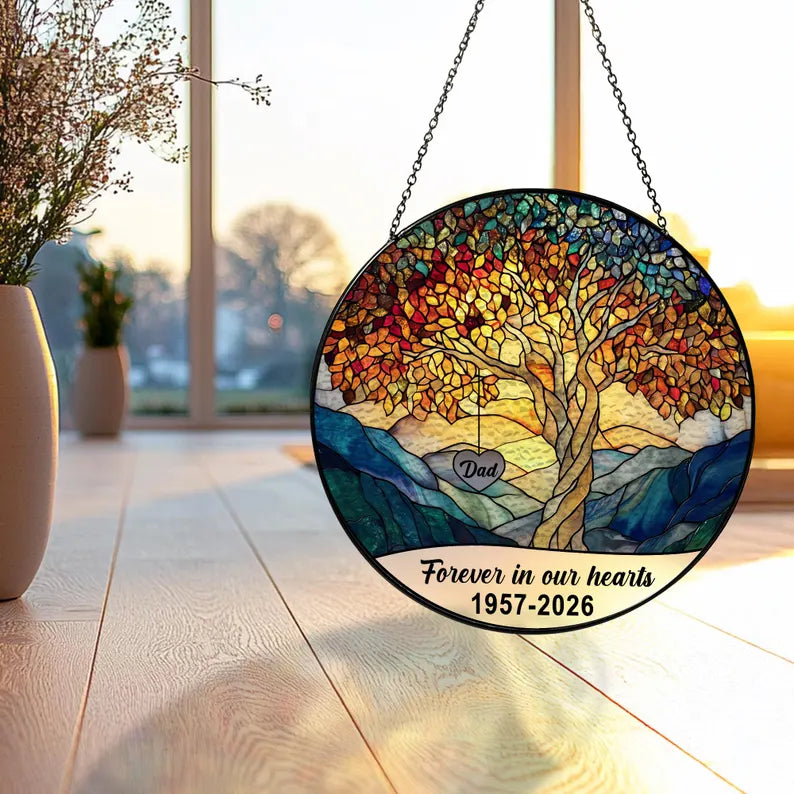 Personalized Memorial Suncatcher: Stained Glass Heart Tree, Loss of Parents Gift