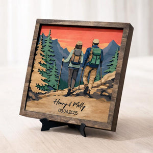 Personalized Hiking Couple Layered Wood en Sign, Custom Hiking Partners Valentine Gift, Gift for Hikers, Couples Gift