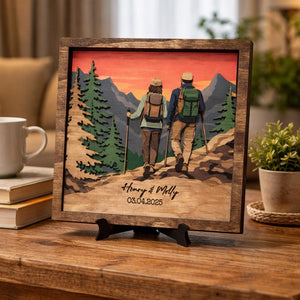 Personalized Hiking Couple Layered Wood en Sign, Custom Hiking Partners Valentine Gift, Gift for Hikers, Couples Gift
