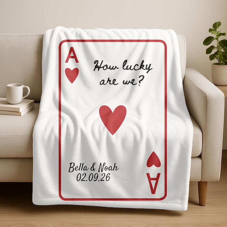 Custom Engagement Wedding Blanket,Personalized Couple Anniversary Throw with Name Date,Valentines Day Gift,Ace Playing Card Newlywed Blanket