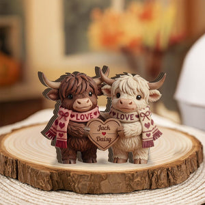 Personalized Wooden Block, Highland Cow Couple Figurine, Tabletop Shelf Decor, Farmhouse Home Accent