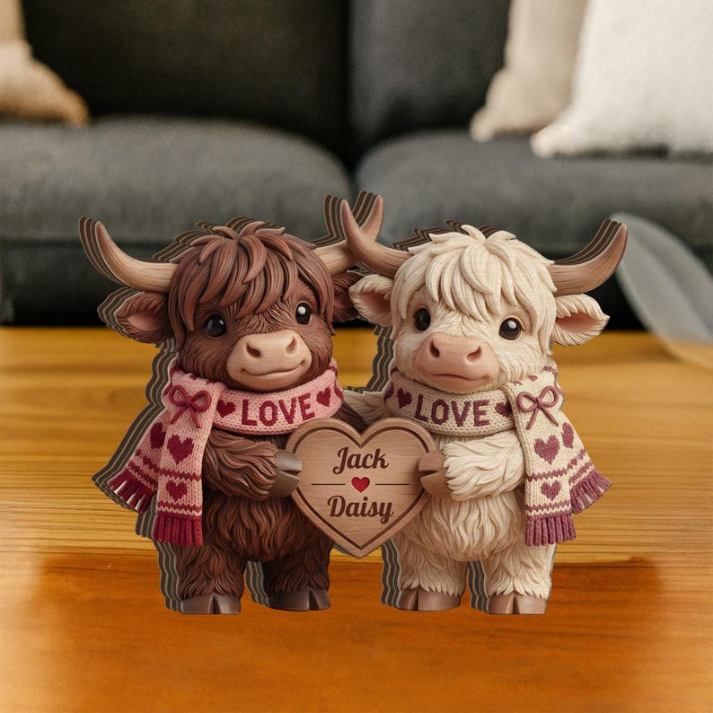 Personalized Wooden Block, Highland Cow Couple Figurine, Tabletop Shelf Decor, Farmhouse Home Accent