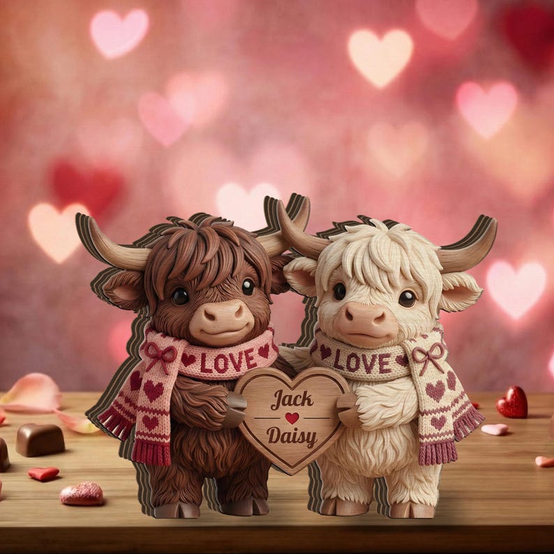 Personalized Wooden Block, Highland Cow Couple Figurine, Tabletop Shelf Decor, Farmhouse Home Accent