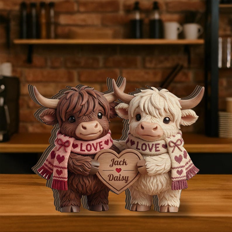 Personalized Wooden Block, Highland Cow Couple Figurine, Tabletop Shelf Decor, Farmhouse Home Accent
