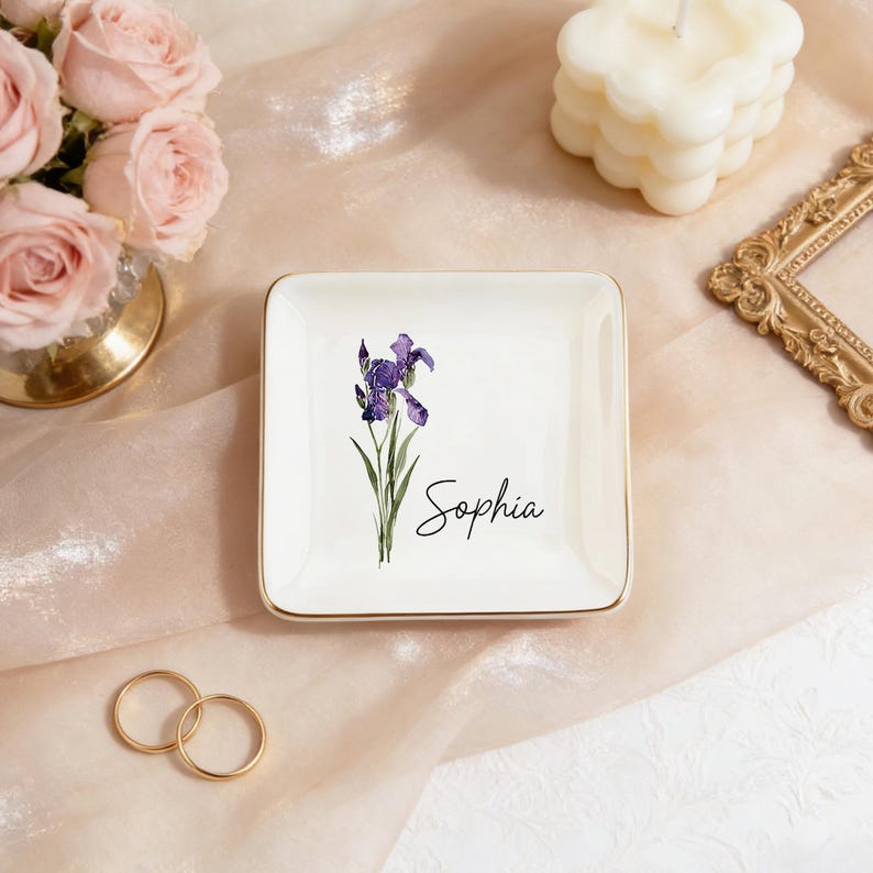 Personalised Birth Flower Ring Dish, Watercolor Floral Trinket Dish for Her, Birthday Jewelry Dish, Bridesmaid Gift, Mother's Day Gift