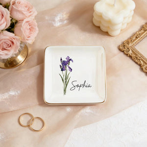 Personalised Birth Flower Ring Dish, Watercolor Floral Trinket Dish for Her, Birthday Jewelry Dish, Bridesmaid Gift, Mother's Day Gift