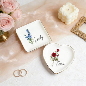Personalised Birth Flower Ring Dish, Watercolor Floral Trinket Dish for Her, Birthday Jewelry Dish, Bridesmaid Gift, Mother's Day Gift