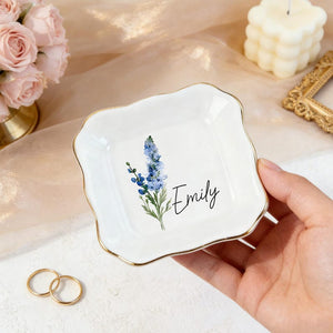 Personalised Birth Flower Ring Dish, Watercolor Floral Trinket Dish for Her, Birthday Jewelry Dish, Bridesmaid Gift, Mother's Day Gift