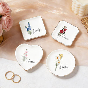 Personalised Birth Flower Ring Dish, Watercolor Floral Trinket Dish for Her, Birthday Jewelry Dish, Bridesmaid Gift, Mother's Day Gift