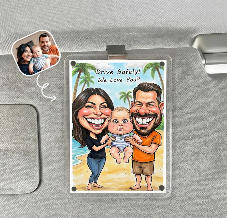 Personalized Funny Caricature Portrait from Photo, Custom Couple Car Visor Clip, Drive Safe I Love You Gift for Him,Anniversary Car Keepsake
