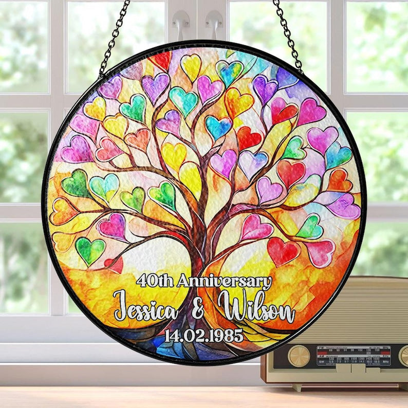 Anniversary Wedding Stained Glass Suncatcher, Window Hangings, Suncatcher Decor, Engagement Gift, Couple Gift, Valentine Suncatcher