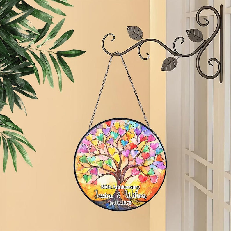 Anniversary Wedding Stained Glass Suncatcher, Window Hangings, Suncatcher Decor, Engagement Gift, Couple Gift, Valentine Suncatcher
