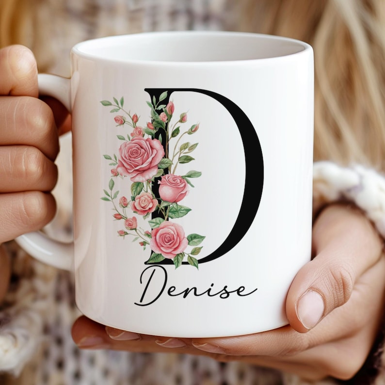 Custom Birth Flower Coffee Mug, Personalized June Birthflower Cup, Monogram Initial Name, Rose Birthday Mugs, Birth Month Gift, Mothers Day