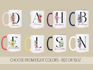 Custom Birth Flower Coffee Mug, Personalized June Birthflower Cup, Monogram Initial Name, Rose Birthday Mugs, Birth Month Gift, Mothers Day