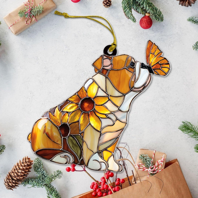 English Bulldog Faux Stained Glass, Bulldog Christmas 2D flat Ornament, Dog Breed Ornament, Gift for Dog Lovers, Housewarming Gift