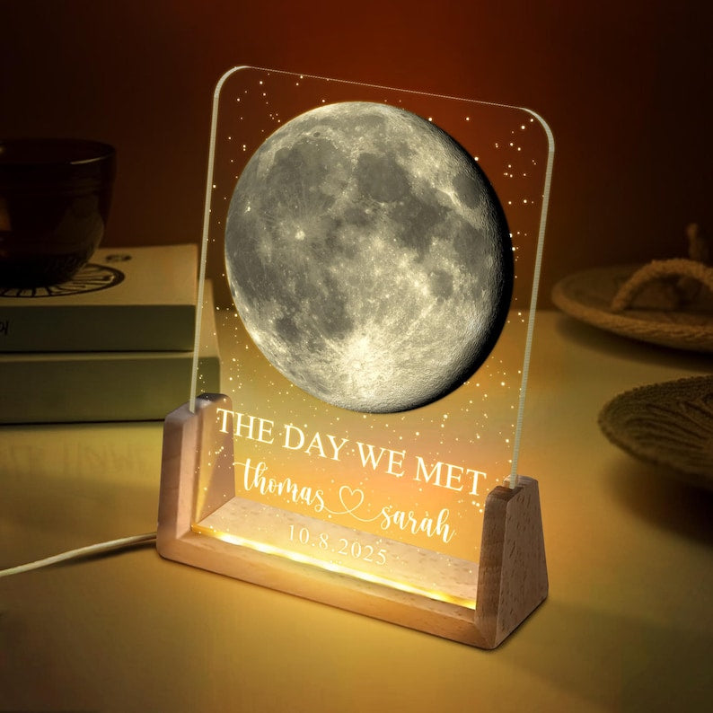 The Day We Met Personalized Moon Phase by Date Gift, Valentines Day Gift, Anniversary Gifts for Him, Our First Date Night Light,Couples Gift