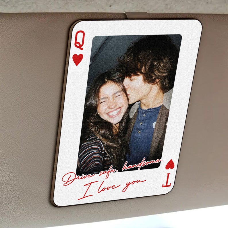 Drive Safe I Love You Car Visor Clip Custom Photo, Personalized Couple Picture Sun Visor Clip, Playing Card Photo Car Decor, Valentine Gift