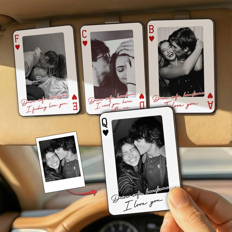 Drive Safe I Love You Car Visor Clip Custom Photo, Personalized Couple Picture Sun Visor Clip, Playing Card Photo Car Decor, Valentine Gift