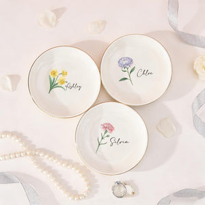 Personalized Birth Flower Jewelry Dish, Custom Bridesmaid Ring Dish, Floral Trinket Dish for Her, Birthday Gifts for Friend, Wedding Favors