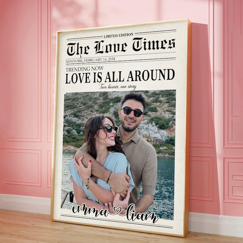 Custom Newspaper Print, Couple Gift, Romantic Couple Names Above Bed Decor, Custom Gift For Him Valentine Gift Decor, Birthday Gift For Her