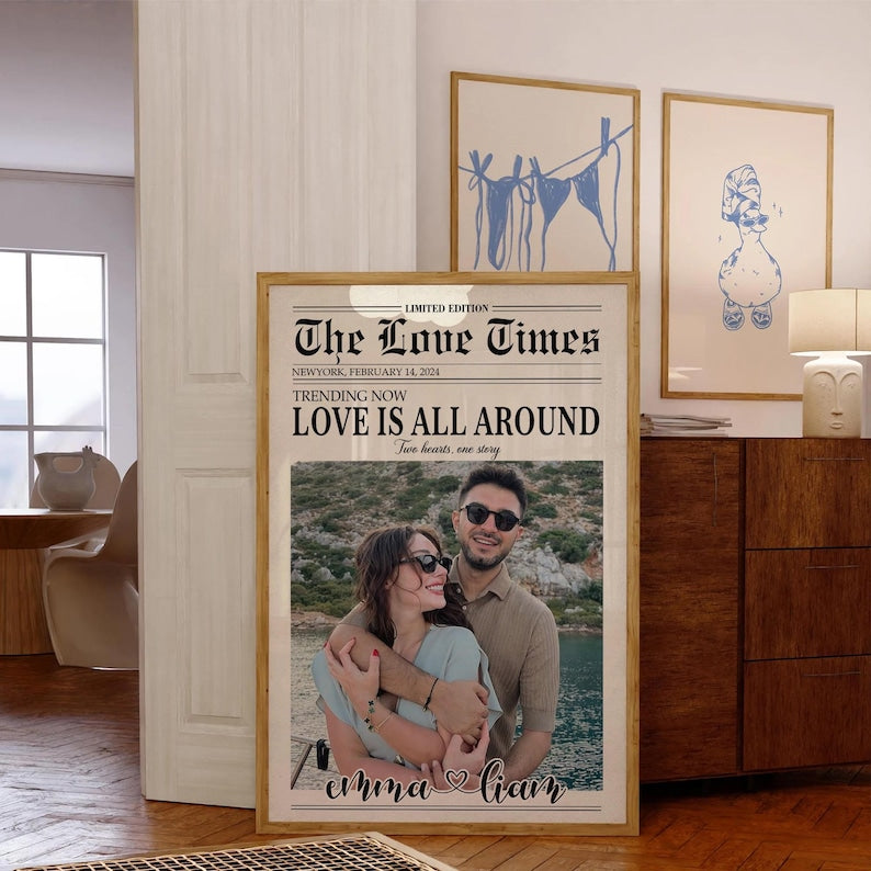 Custom Newspaper Print, Couple Gift, Romantic Couple Names Above Bed Decor, Custom Gift For Him Valentine Gift Decor, Birthday Gift For Her