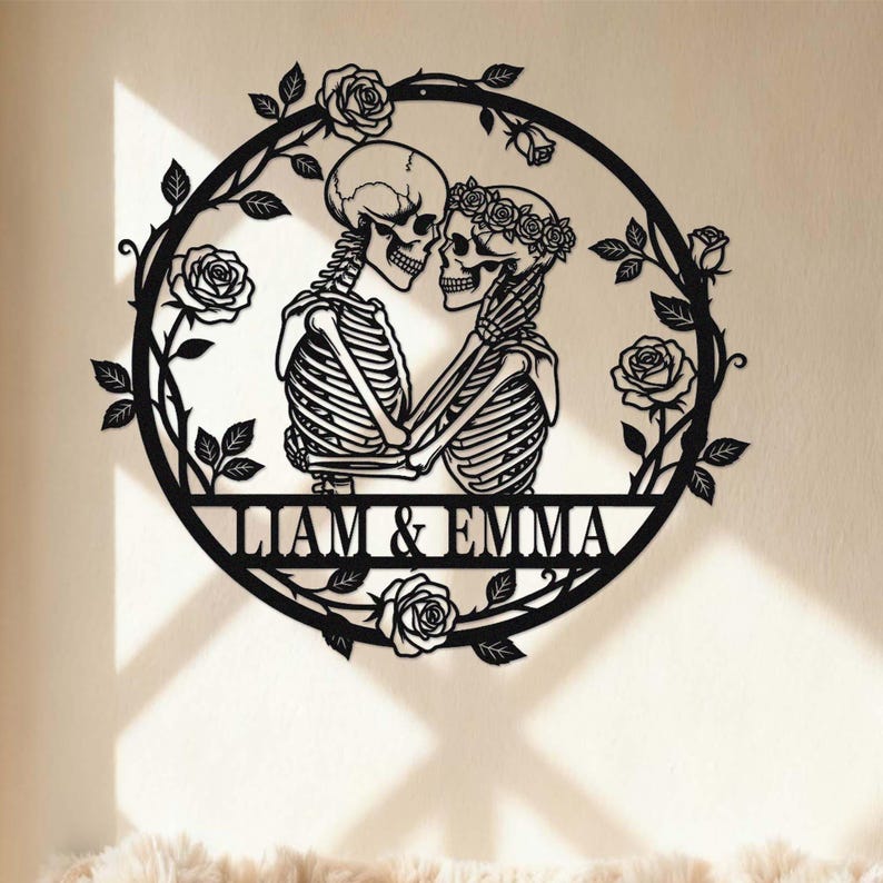 Custom Skeleton Couple Metal Sign, Personalized Skull Name Sign, Skull Couple Wall Art, Gothic Wedding Anniversary Sign, Valentines Gift