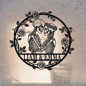 Custom Skeleton Couple Metal Sign, Personalized Skull Name Sign, Skull Couple Wall Art, Gothic Wedding Anniversary Sign, Valentines Gift