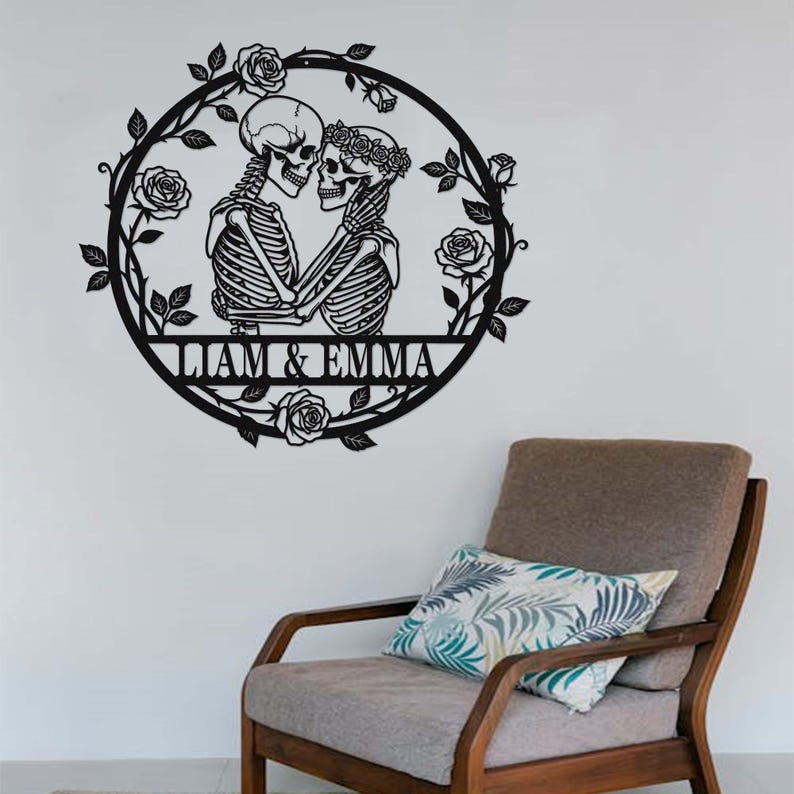 Custom Skeleton Couple Metal Sign, Personalized Skull Name Sign, Skull Couple Wall Art, Gothic Wedding Anniversary Sign, Valentines Gift